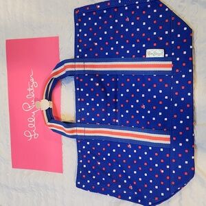 Lilly Pulitzer Mercato Tote Small 17" x 11" Borealis Blue NIB Striped Handles